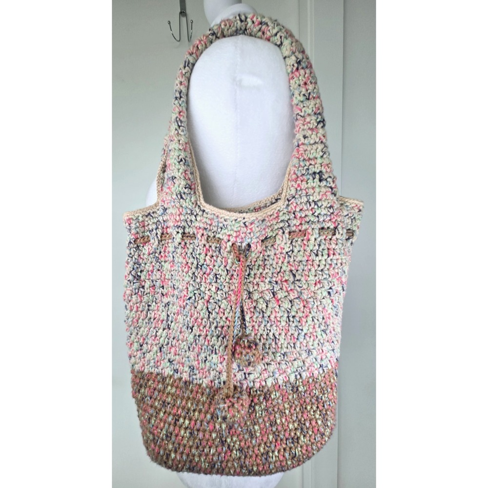 Crochet Pom Pom Drawstring Shoulder Tote Handmade Boho Two Tone Earthy Texture